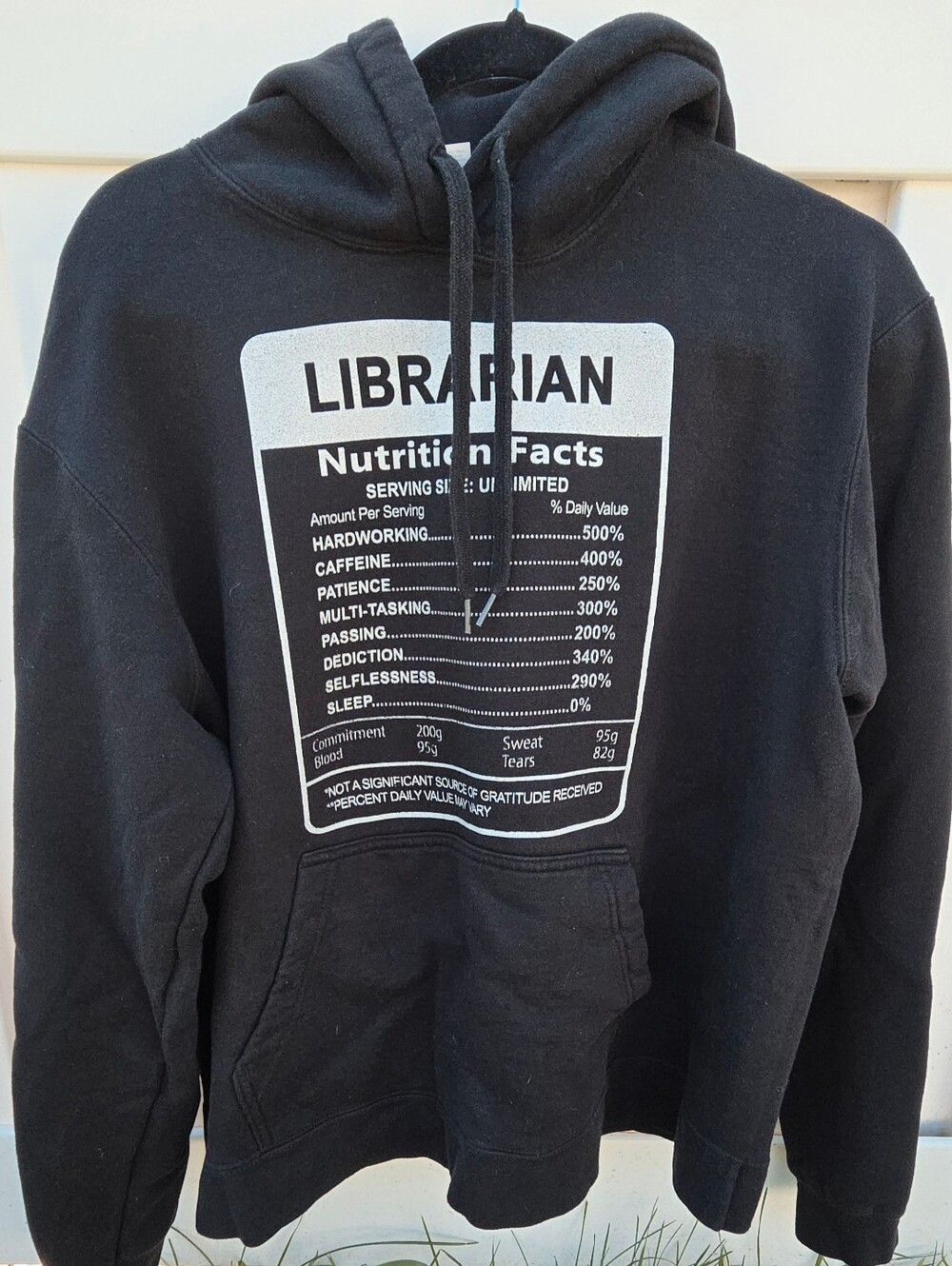 Librarian Nutritional Facts Black Hoodie  Size Large.